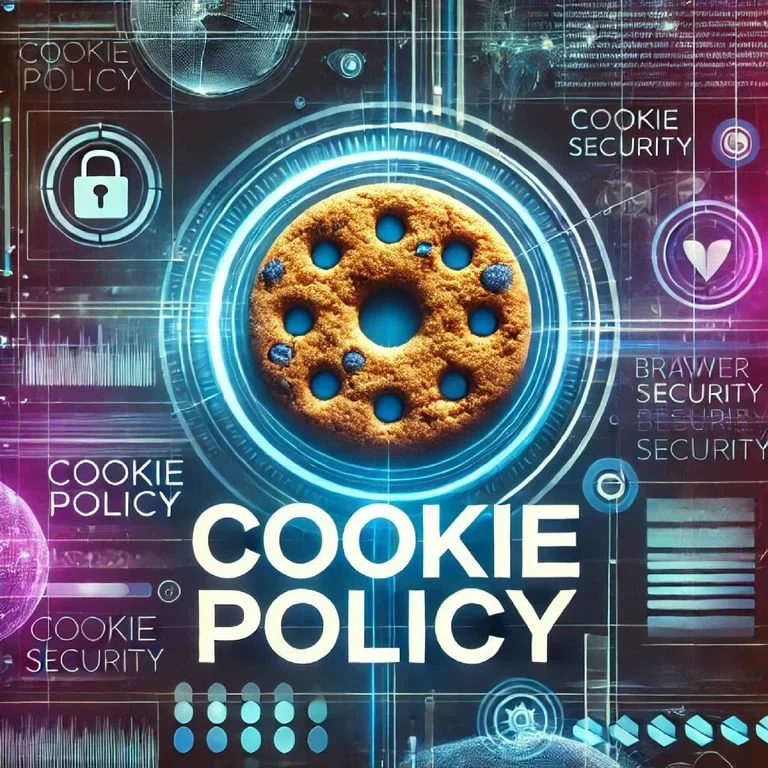 Kekssymbol mit Text „Cookie Policy“ und Sicherheitsgrafiken im Hintergrund.