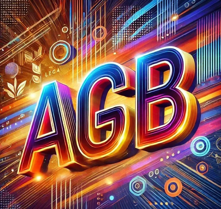 Bunte, futuristische Darstellung der Buchstaben "AGB" mit technologischem Hintergrund.